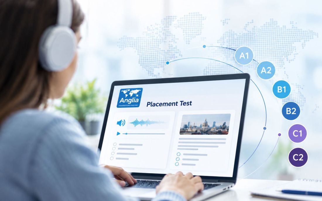 Learner wearing headphones taking the Anglia online placement test on a laptop